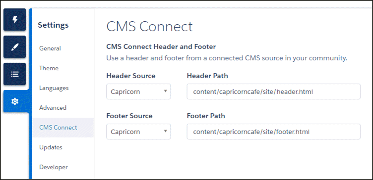 CMS Connect header and footer settings