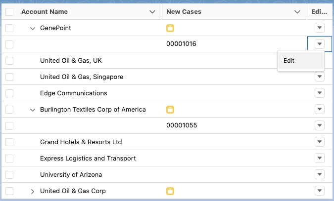 A data table displaying accounts and associated new cases