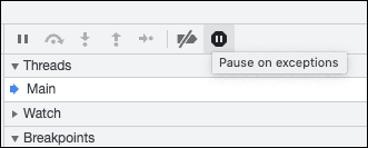 デバッガパネルの [Pause on exceptions (例外で一時停止)] ボタン