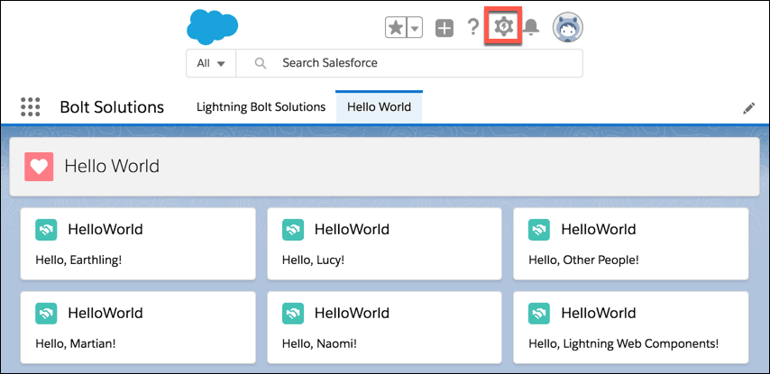 A Lightning page in Salesforce with 6 Hello World components, each with a different greeting.