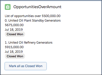 Shows a list of opportunities that are marked as Closed Won.