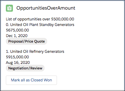 Shows a list of opportunities over a specified amount.