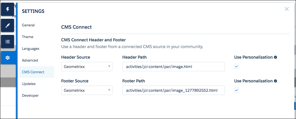CMS Connect settings in Builder