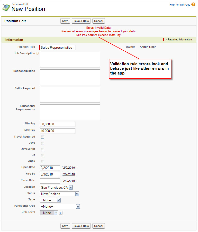The Position Edit - New Position page, with the Min Pay field set to 80,000 and the Max Pay field set to 40,000. An error displays above the Max Pay field stating, "Min Pay cannot exceed Max Pay."