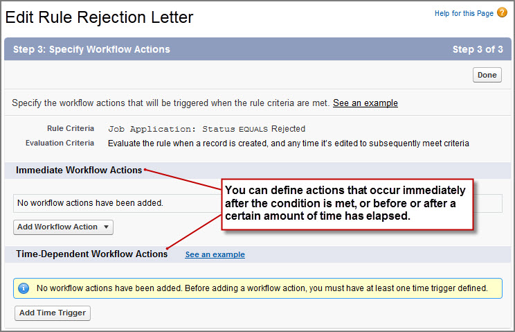 Step 3 of the Edit Workflow Rule - Send Rejection Letter wizard with the Immediate and Time-Dependent Workflow Actions sections highlighted