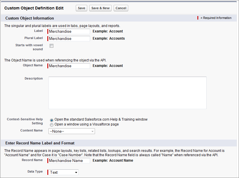 The New Custom Object wizard, with both the Label and Plural Label fields set to Merchandise, and the Save button highlighted