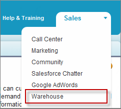 The Force.com tabs, with the new Merchandise tab highlighted next to the default Home tab, and the Warehouse app highlighted in the Force.com app menu in the upper-right corner of the page