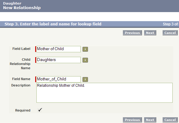 Step 3 of the New Custom Relationship wizard. The Field Label field is set to "Mother of Child" and the Child Relationship Name field is set to "Daughters."