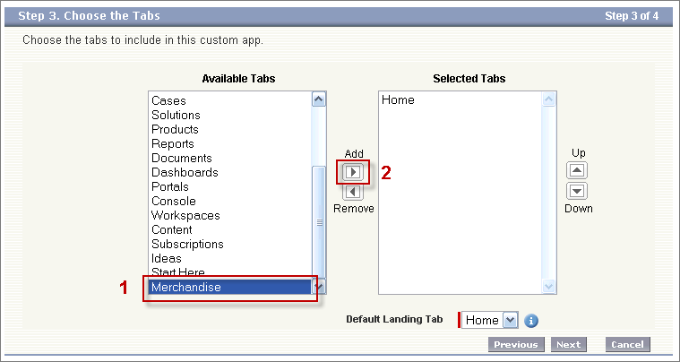 Step 3 of the New Custom App wizard. In the Available Tabs list, the Merchandise tab is selected, and the Add button is highlighted.