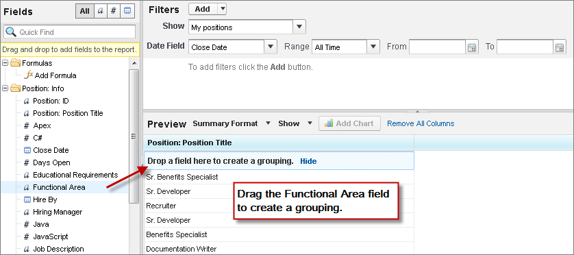 Report Builder filter pane and preview for creating a grouping
