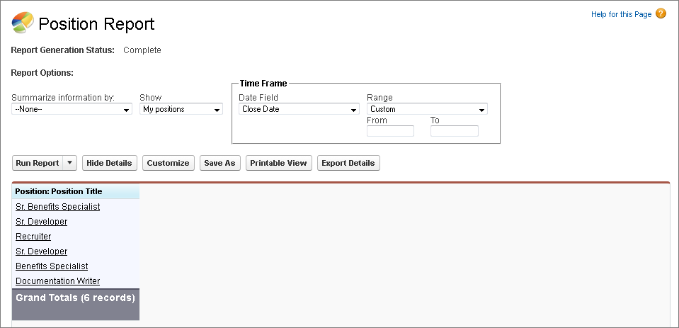 Positions report with no customizations.