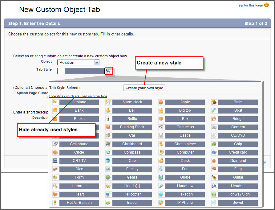 The Custom Object Tab Setup page and Tab Style Selector