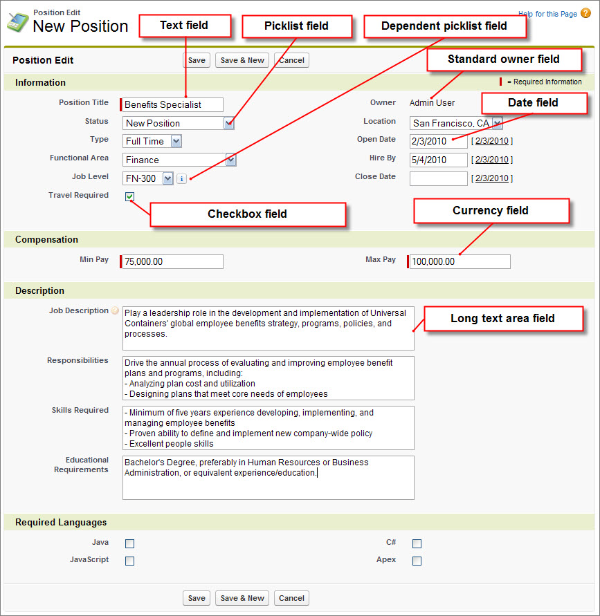 The Position Edit page with the different types of custom fields highlighted