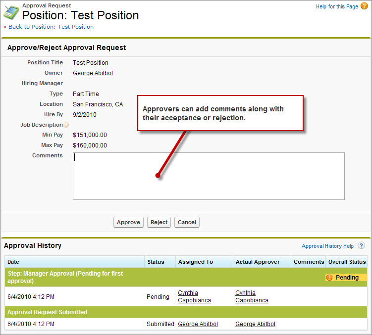 The Approval Request page for a test position
