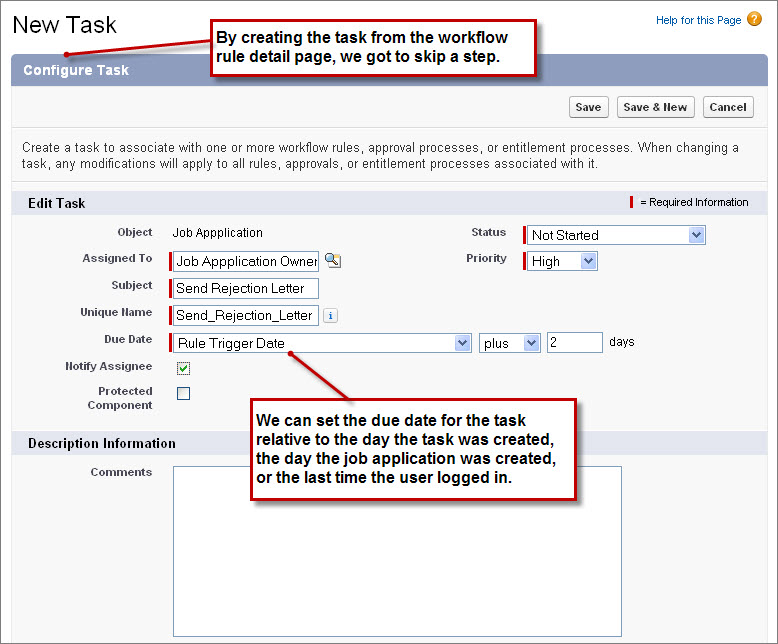 The Workflow Task - New page with the Configure Task section displayed and the Edit Workflow Task > Due Date field set to the Rule Trigger Date plus 2 days