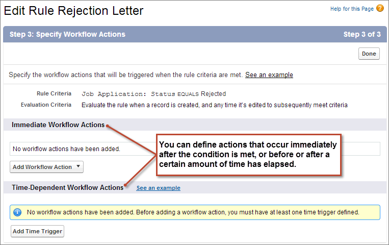 Step 3 of the Edit Workflow Rule - Send Rejection Letter wizard with the Immediate and Time-Dependent Workflow Actions sections highlighted