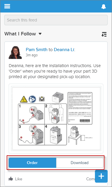 Order and Download action links on a feed item