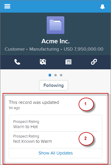 A bundle of feed items in the Salesforce mobile browser app