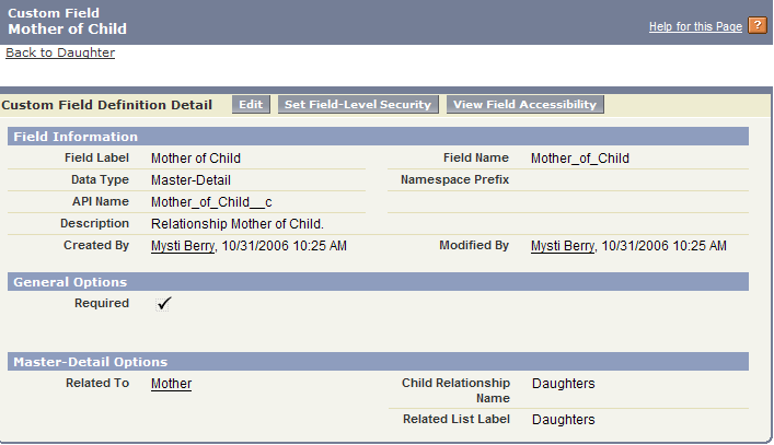 The detail page for the Mother of Child custom field