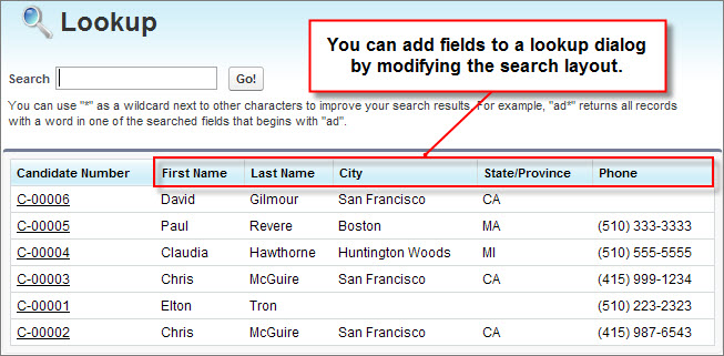 The Candidate lookup list highlighting the First Name, Last Name, City, State/Province, and Phone fields. The field labels display a callout stating, "You can add fields to a lookup dialog by modifying the search layout."