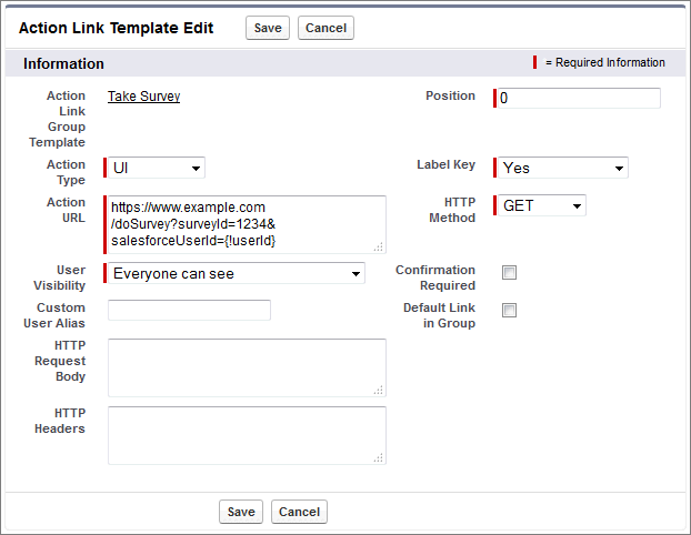 Context variables in Action URL field in Setup. 