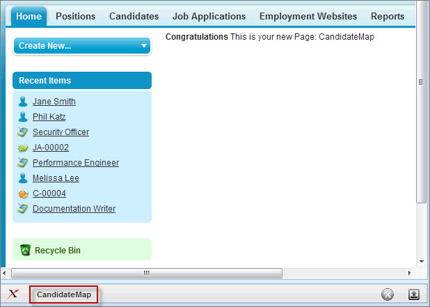 The bottom-left corner of the Visualforce page with the CandidateMap link