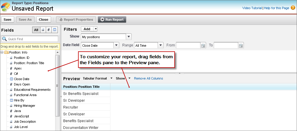 The report builder interface.