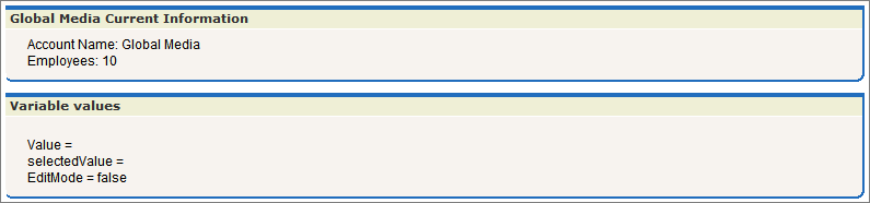 A page displaying "Global Media Current Information" and "Variable values". The page is the result of a get request.