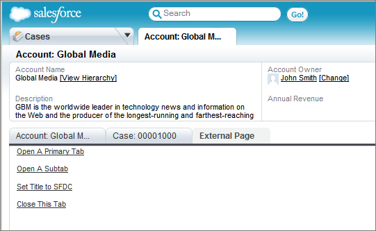 output of sample visualforce page with various functions of the service cloud console integration toolkit