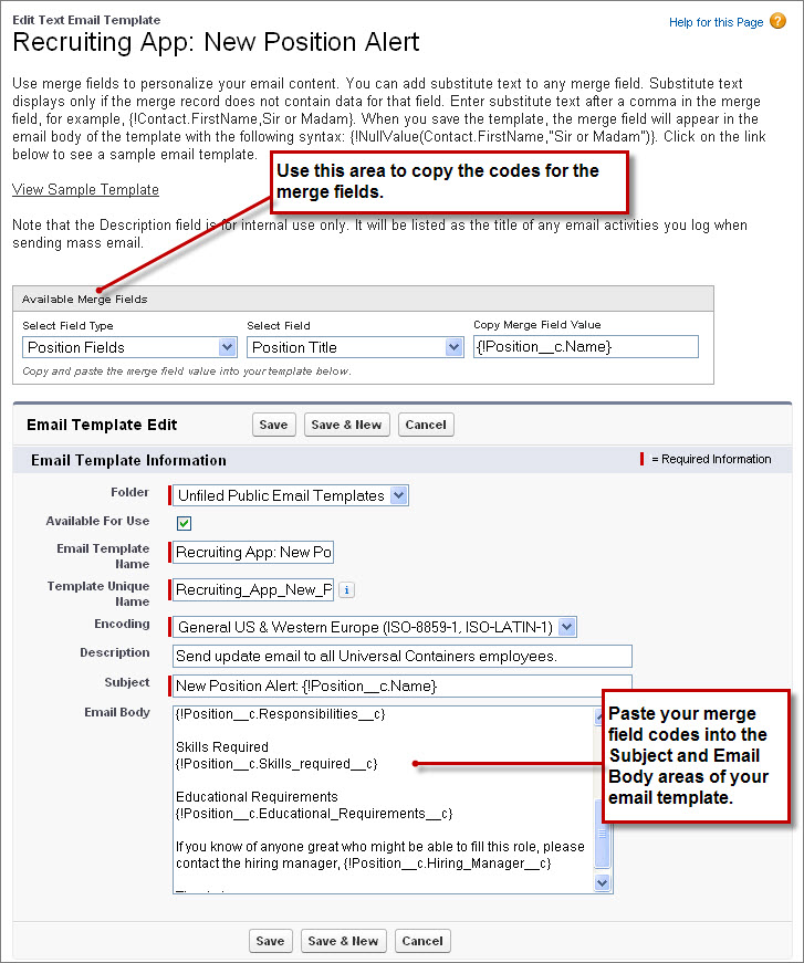 The Edit Text Email Template page for a new template named "Recruiting App - New Position Alert. The merge field codes have been pasted into the Subject and text fields.