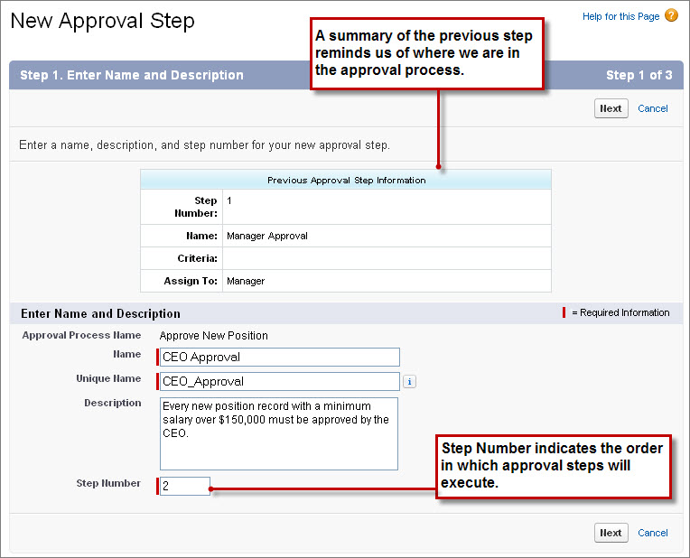 The New Approval Step wizard, which displays the previous approval step information as a reminder