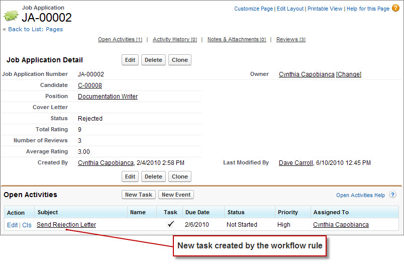 The Job Application detail page for JA-00007. The new Send Rejection Letter workflow rule is displayed under Open Activities.