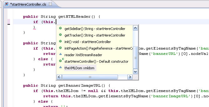 The Apex code assist proposal window displaying valid items