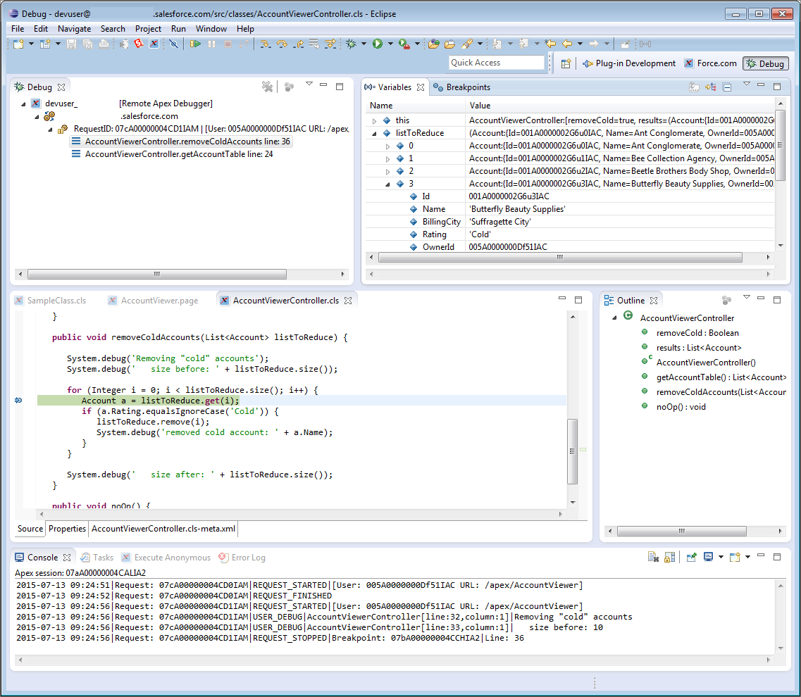 Apex Debugger, showing sample text in all panes