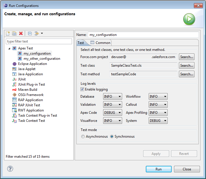 Run Configurations window