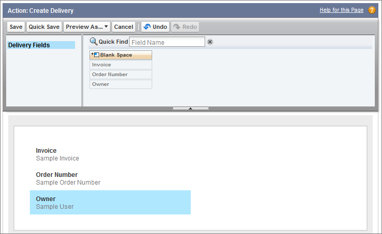 Action page layout editor