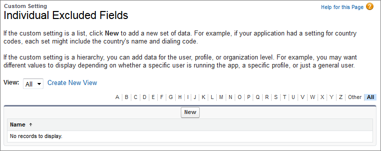 The Individual Excluded Fields page for a new entry.