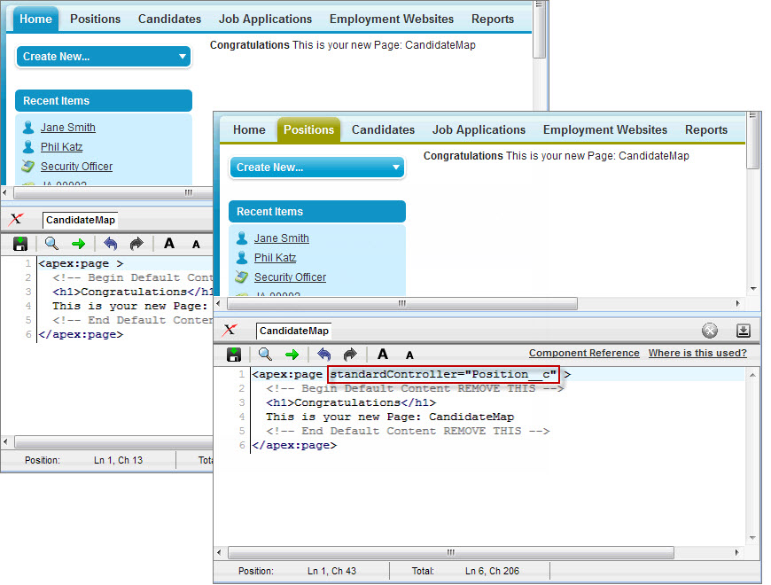 The CandidateMap Visualforce Page Editor. The bottom image contains the apex:page tag, and the top image displays the apex:page standardcontroller="Position__c" tag.