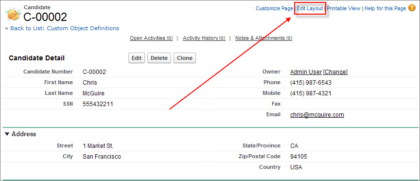 The Candidate Detail page highlighting the Edit Layout link