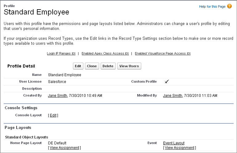 The detail page for the Standard Employee profile