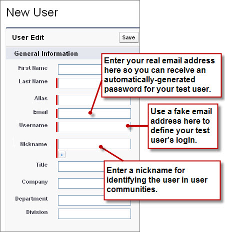 The New User Edit page for a fitcitious user intended to test security and sharing settings of the app