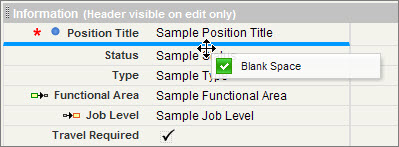 The Information section of the Position Detail page with the Blank Space UI element dragged between the Position Title and Status fields