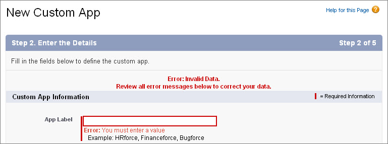 Step 1 of the New Custom App wizard. Under Custom App Information, the Label field displays an error stating, "You must enter a value."