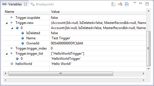 Debugger variables pane with icons