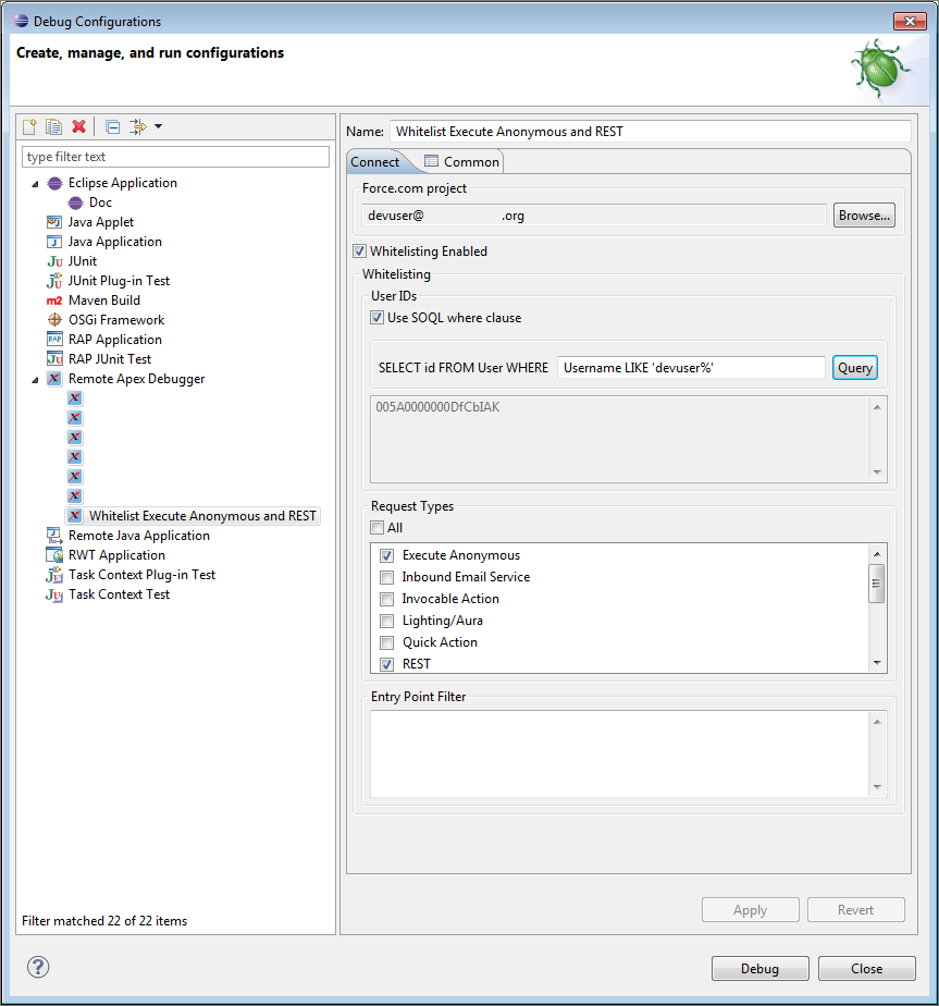 Remote Apex Debugger run configuration with whitelisting enabled