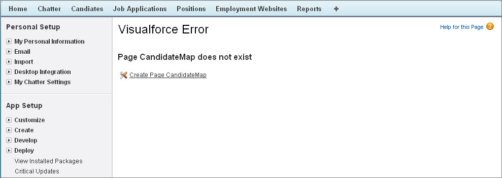 A Visualforce error page stating, "PageCandidateMap does not exist."