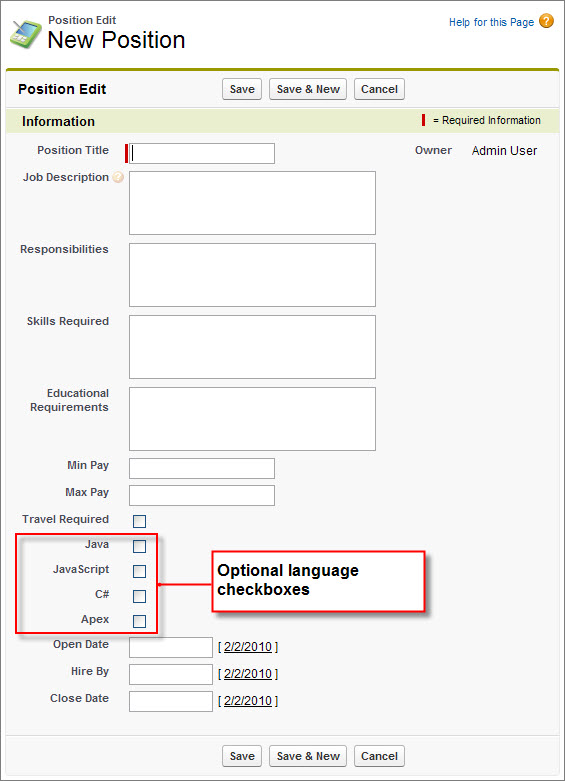 The Position Edit page with the optional language checkboxes highlighted