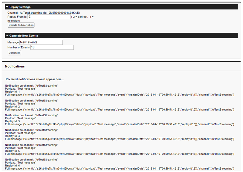 Visualforce sample that generates and replays past events