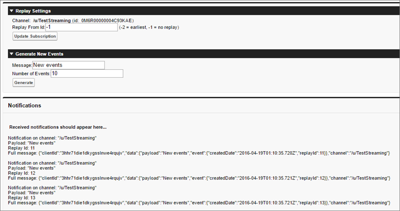 Visualforce sample that generates and replays past events