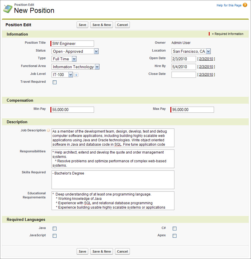 The final layout of the Position Edit page for a Software Engineer position